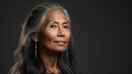Fototapeta premium Portrait of senior mature middle aged lady with long gray natural coloring vibrant silky hair.