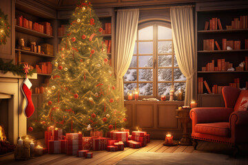 Fototapeta na wymiar living room with fireplace and christmas tree