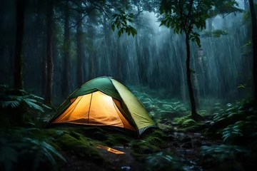 Papier Peint photo autocollant Camping Rain on a tent in the forest, tropic, quiet, calm, peaceful, meditation, or camping.