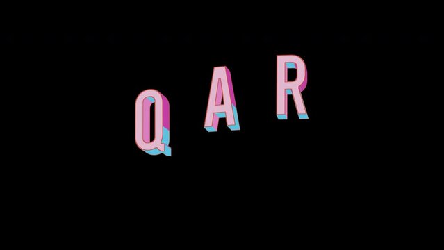Bright letters jump merrily in the inscription QAR ISO code currency. Retro. Alpha channel black. Looped from frame 120 to 240, Alpha BW at the end