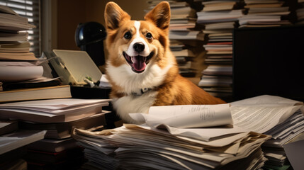Serious dog in the form of an accountant or businessman sitting at a desk with a bunch of different papers and documents