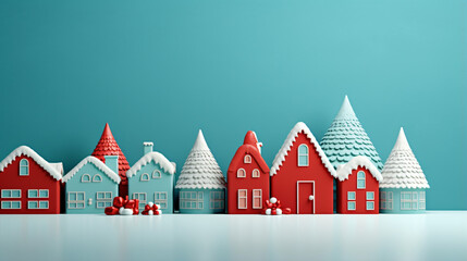 Cute little row of houses in Christmas theme on cyan holiday banner background