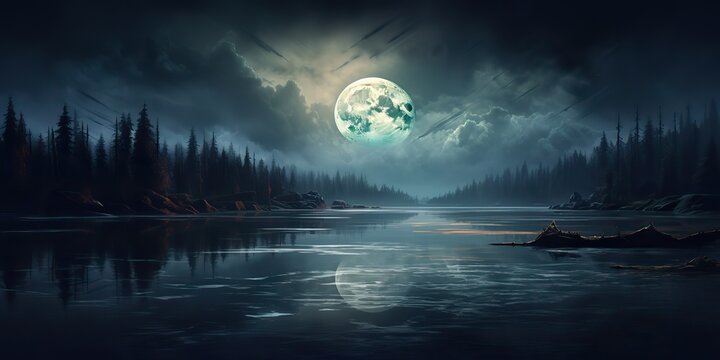 AI Generated. AI Generative. Evening night nature outdoor landscape background full moon and mountains. Can be used for night adventure vacation tours