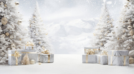 Fototapeta na wymiar Christmas trees covered in snow with white gifts, holiday banner background