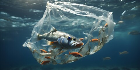 Tropical fish in plastic bag in deep blue ocean. Concept of environmental pollution