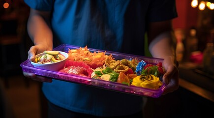 close-up of person in the restaurant with tray, person in the restaurant, close-up of hands holding tray with dishes and delicious foods - obrazy, fototapety, plakaty