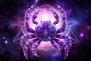 Cancer Horoscope zodiac astrological sign on a purple nebula background
