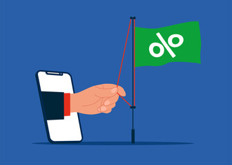 Hand businessman with smartphone raises a flag with a percentage to the top of a pole. Interest rate hikes due to rising inflation.