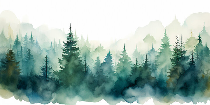 Watercolour Seamless Surface Pattern Tile: Modern Delicate Misty Foggy Eco Line of Pine Spruce Fir Forest Pattern on White Isolated Background: Textiles, Wallpaper & Home Decor. Generative AI.