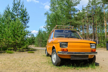 An old Italian car standing alone in the forest on the grass. Ideal condition. Summer and vacation trip. - 653397104