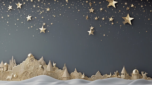 Gold 2d snow city with stars on grey Christmas holiday banner background