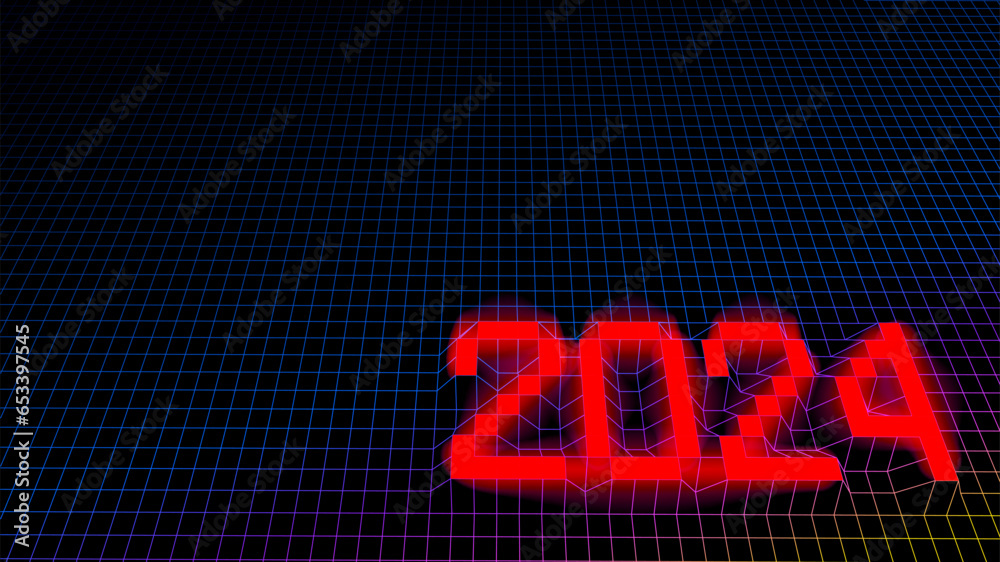 Poster 2024 New Year sign with technology grid in retro computer style. Synthwave or cyberpunk styled number 2024 for calendar and winter holidays event.