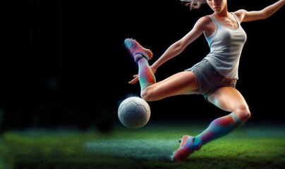 mujer deportista, fútbol, acción de patear pelota, fondo negro - obrazy, fototapety, plakaty