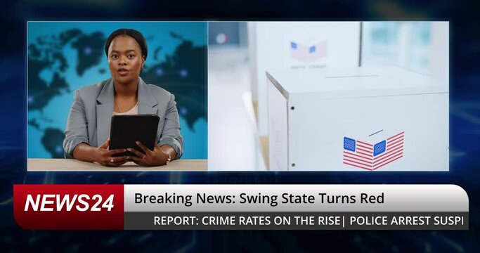 Black woman, breaking news and reporter on media broadcast channel and voting station. Portrait, ballot box and journalist for election announcement, democracy and government information headline