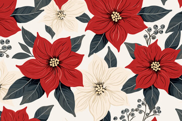 Christmas poinsettia flowers pattern, wallpaper, background, hand-drawn cartoon Illustrations in minimalist vector style
