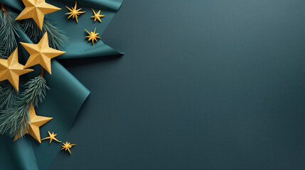 Gold stars on dark green ribbon, Christmas holiday banner background - obrazy, fototapety, plakaty