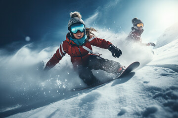 Young couple snowboarding in ski resort - obrazy, fototapety, plakaty