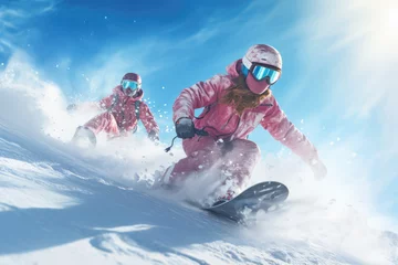 Foto op Plexiglas Young couple snowboarding in ski resort © Kitta
