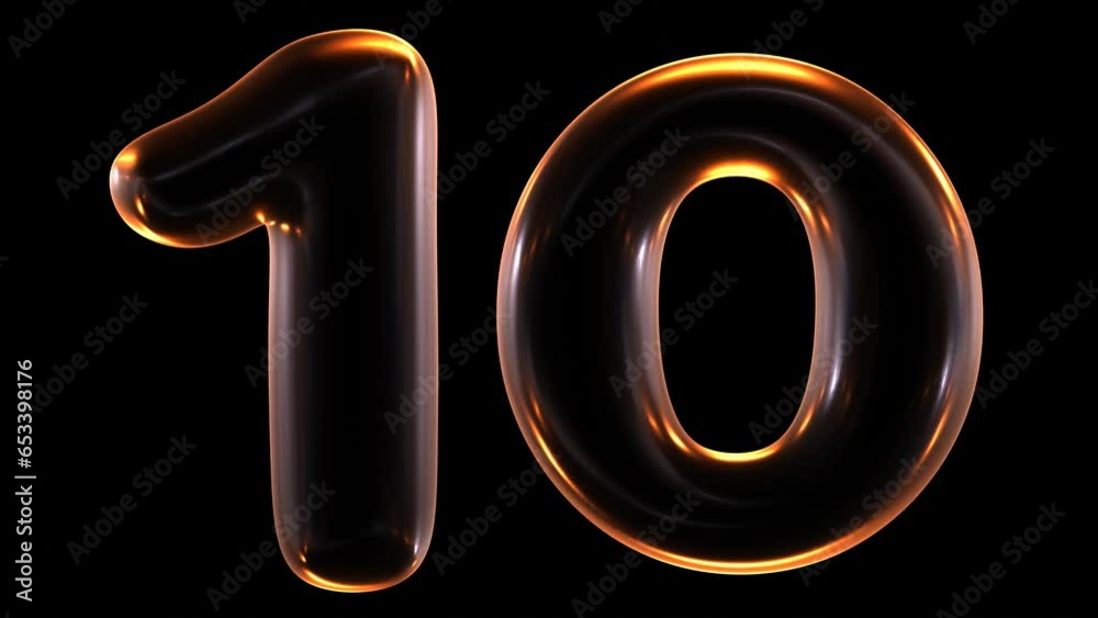 Poster seamless animation of glowing number 10 with light and reflections isolated on black background in 3