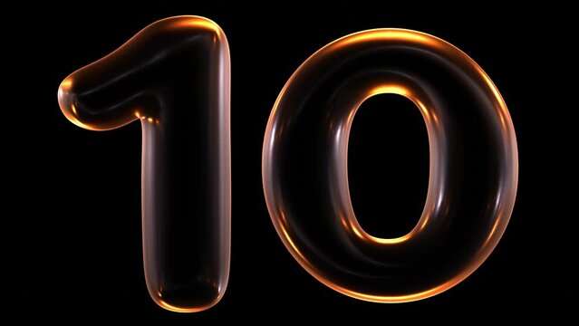 Seamless animation of glowing number 10 with light and reflections isolated on black background in 3d rendering.