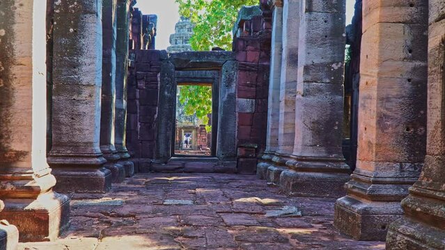 .The beautiful stone castle in Phimai historical park. Prasat Hin Phimai ancient Khmer Temple in Nakhon Ratchasima Thailand. .Phimai stone castle built from laterite stone in Angkorian period arts