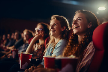 group of female friends at cinema watching movie - obrazy, fototapety, plakaty