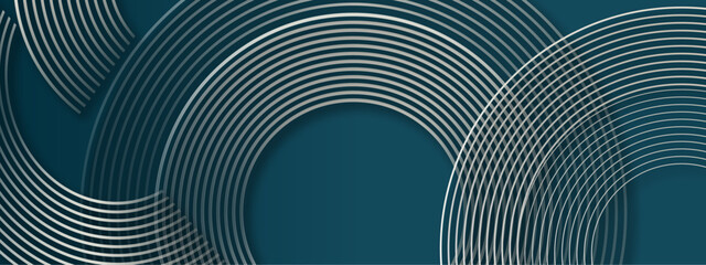 Abstract elegant blue background with shiny white geometric lines. Modern diagonal rounded white lines pattern. Luxury style. Horizontal banner template. Suit for cover, poster, banner, presentation,