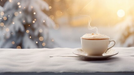 cold with a warming drink in your favorite mug against a serene snow-covered landscape