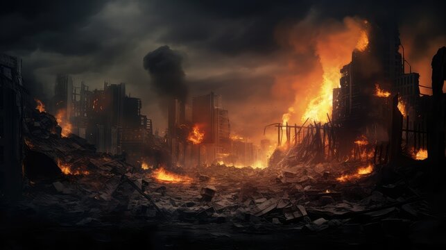 destroy destroyed city fire illustration background red, explosion danger, apocalypse town destroy destroyed city fire
