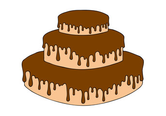 Three-tiered cake with chocolate frosting. Hand Drawn. Freehand drawing. Doodle. Sketch. Outline.	