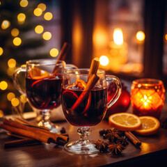 Mulled red wine with orange cinnamon anise on the Christmas background