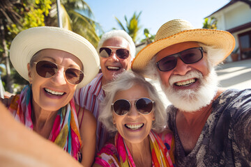 group of senior retired friends taking close-up selfie on holiday