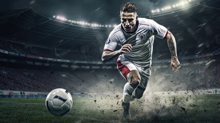 intense moment of a soccer striker's close-up, ready to unleash a powerful kick in the stadium - obrazy, fototapety, plakaty