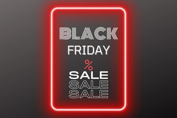 Black Friday text in red neon frame isolated on black background.