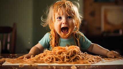 messy yet heartwarming moment of a toddler in a high chair playfully exploring a plate of spaghetti.