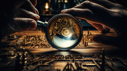 Looking through a magnifying glass at a mechanism - obrazy, fototapety, plakaty