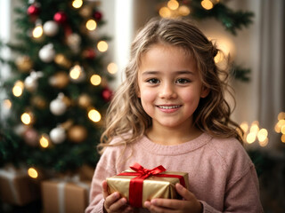 Little girl is very happy about a gift at Christmas, generative ai