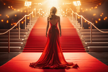 A young pretty woman on a red carpet event in a evening dress, back view. Generative AI