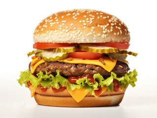 Burger with onions and cheese on white background with soft studio light.