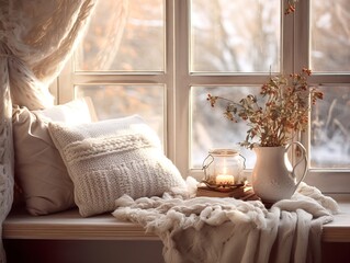 Cozy winter home interior with knitted blankets and pillows, holiday country house in wood, warm fire and afternoon daylight