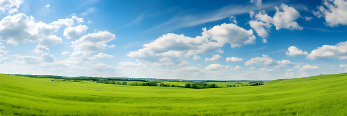 Beautiful natural scenic panorama green field of cut grass into and blue sky with clouds on horizon. Perfect green lawn on summer sunny day