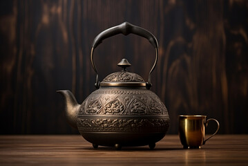 Black tiron teapot in traditional asian style on dark wooden background - obrazy, fototapety, plakaty
