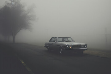 Car outside city. Landscape with auto in fog