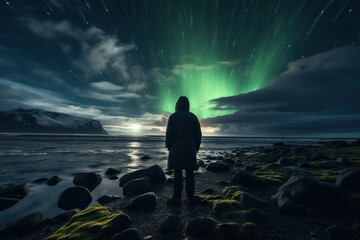 Traveler in a raincoat against the backdrop of Iceland landscapes, glaciers and mountains, black sand and northern lights