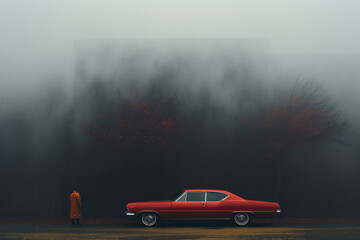 Red vintage car in fog in nature - obrazy, fototapety, plakaty