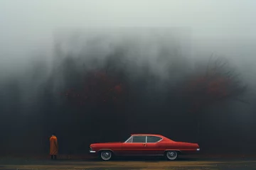 Afwasbaar fotobehang Red vintage car in fog in nature © alas_spb