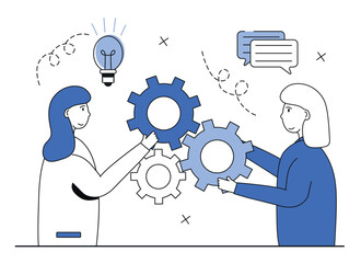 Business teamwork concept. Business people and new idea concept. Woman work in a team and discuss the process. Symbol of teamwork, operation, partnership. Vector illustration.