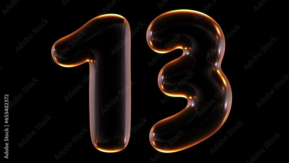 Poster seamless animation of glowing number 13 with light and reflections isolated on black background in 3