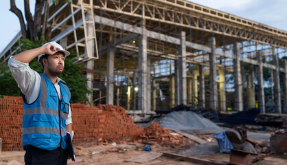 Asian engineer working at site of a large building project,Thailand people,Work overtime at construction site