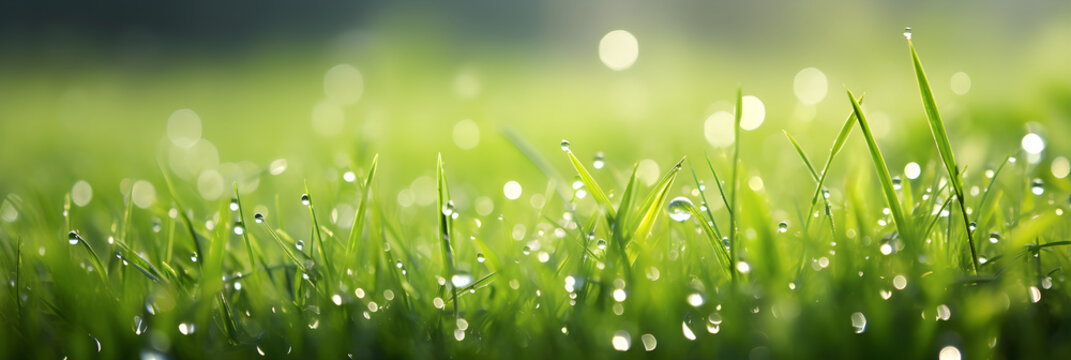 Juicy Lush Green Grass On Meadow With Drops Of Water Dew In Morning